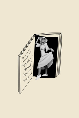 Artwork collage template composite sketch of book knowledge imagination page text novel fairytale young woman style stand wear hat dressの写真素材