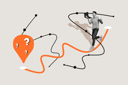 Composite photo collage of happy businessman run laptop coffee cup destination graph success plan question isolated on painted backgroundの写真素材