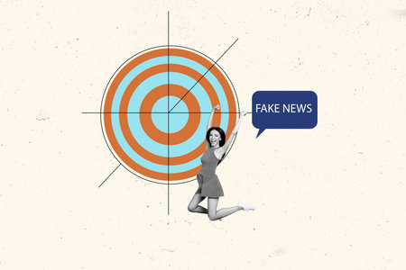 Creative poster collage young woman jump celebrate victory message information speech target goal...