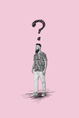 Vertical photo collage of puzzled man think strategy project brainstorm decision confusion thought tactics isolated on painted backgroundの写真素材