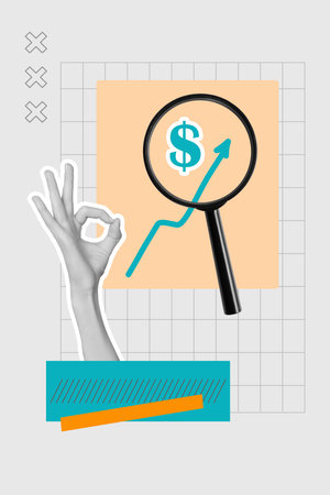 Sketch design trend artwork poster photo collage of income economy bank budget trade stats target business success okay gesture zoom glassの写真素材