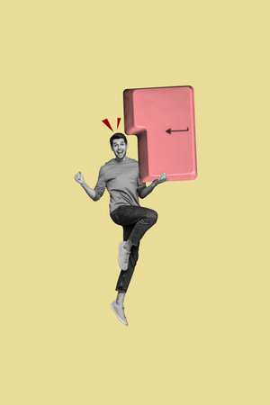 Vertical photo collage of happy guy jump hold electronic keypad button desktop device qwerty...