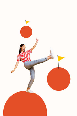 Trend artwork composite 3D photo collage design of young lady stand ball platform step aim goal...