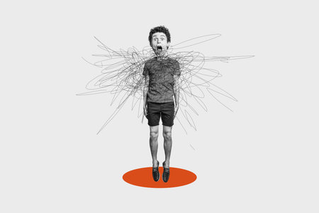 Creative collage picture young man levitate psychological issues mental drawing doodles mess...