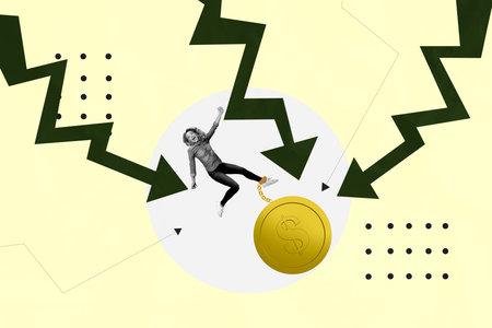 Creative collage young woman money finance recession economy inflation dollar golden coin token crisis business traderの写真素材