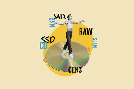Composite photo collage of happy girl walk compact disk format disco record dancehall entertainment...