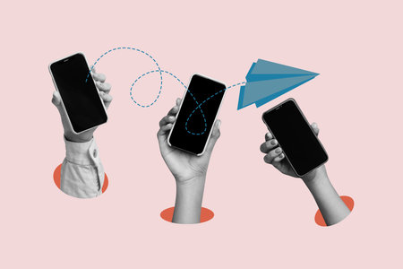 Composite photo collage of hands hold phone device paper plane correspondence icon isolated on painted backgroundの写真素材