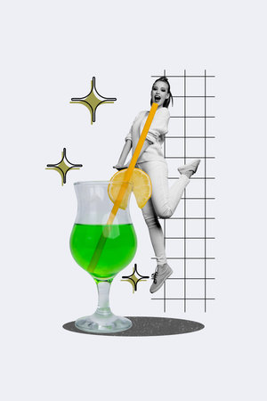 Vertical photo collage of happy girl jump cocktail beverage straw lemon slice pub party entertainment isolated on painted backgroundの写真素材