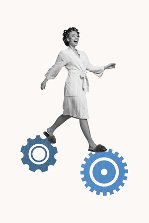 Vertical photo collage of happy housemaid girl walk gearwheel haircare roller treatment domestic therapy isolated on painted backgroundの写真素材