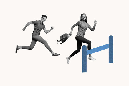 Composite photo collage of two happy girl guy run promotion jump obstacle challenge leader career growth isolated on painted backgroundの写真素材