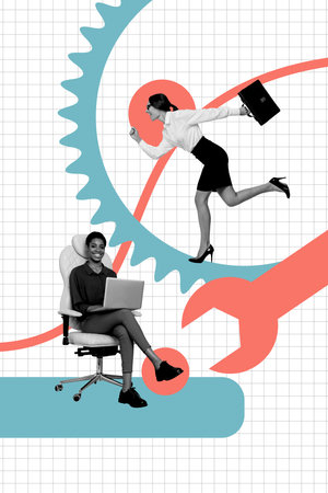 Vertical photo collage of two happy girls business partners freelancer gearwheel progress wrench tool isolated on painted backgroundの写真素材