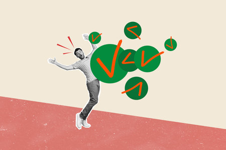 Composite photo collage of astonished man checkmark approval task option agree confirmation workload isolated on painted backgroundの写真素材