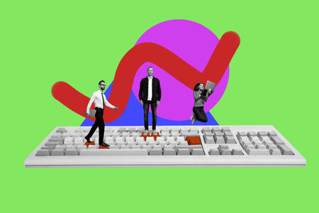 Composite photo collage of three happy freelancer workers jump walk keyboard tool hold laptop teamwork isolated on painted backgroundの写真素材