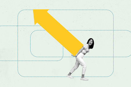 3D collage trend artwork composite sketch poster of business success arrow growth up young lady miniature walk hand hold pointerの写真素材