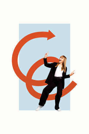 Vertical photo collage of happy businesswoman dance arrow development success growth chance isolated...
