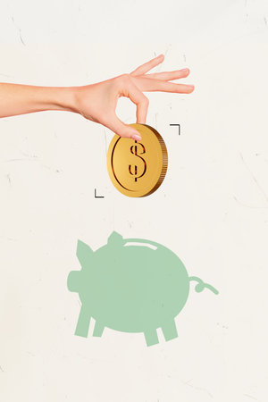Creative collage picture of financial transaction collect save dollars cashback put coin inside piggy bank isolated on white backgroundの写真素材