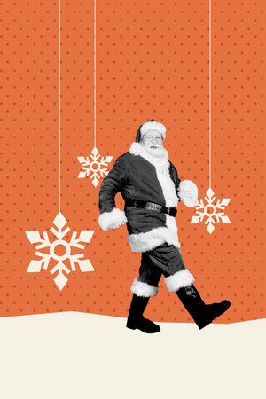 Trend artwork creative sketch 3D photo collage of winter weather snow celebrate holiday aged man santa claus suit beard walk way directionの写真素材