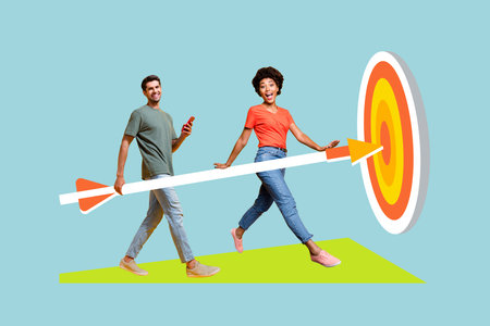 Composite photo collage of two happy business girl guy walk promotion target arrow development aim...