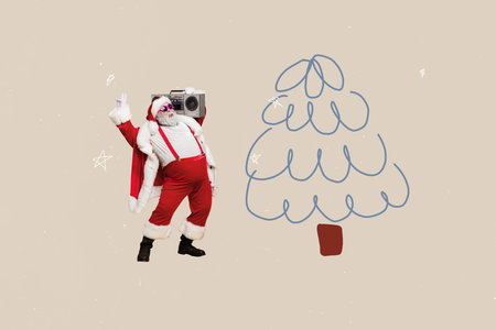 Creative retro 3d sketch collage image of happy santa claus hold retro boombox track new year tree vintage celebration on beige backgroundの写真素材