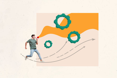 Composite photo collage of happy businessman run megaphone announce gearwheel arrow development success isolated on painted backgroundの写真素材