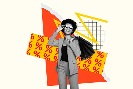 Creative collage picture young stylish woman shopaholic shopping mall bargain retail rate percentage low price checkered backgroundの写真素材