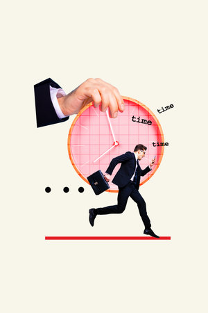 Vertical collage poster young businessman clock deadline time management schedule regime late miss urgency drawing backgroundの写真素材