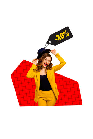Composite trend artwork sketch image photo collage of young woman happy smile wear hat percent sale...
