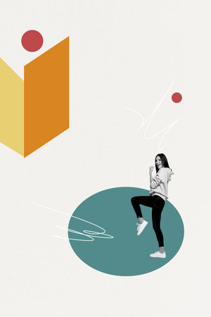 Vertical collage picture young woman victory winner celebrate success geometric figures inspiration dream accomplishment doneの写真素材