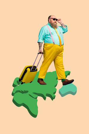 Vertical photo collage of happy man carry suitcase summer travel tour relocation isolated on painted backgroundの写真素材