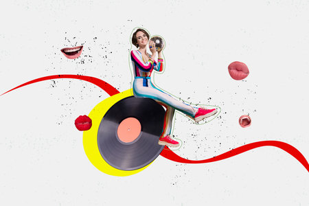Composite trend artwork 3D sketch image photo collage of mouth talk listen music vinyl recorder...