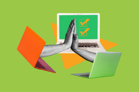 Photo collage picture hands body fragments laptop digital device screen checkbox palms high five teamwork cooperation collaboration successの写真素材