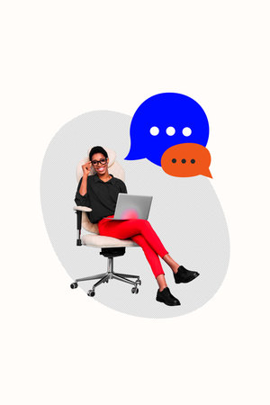 Trend artwork creative sketch 3D photo collage of office manager young lady african race sit armchair hold laptop speech cloud chattingの写真素材
