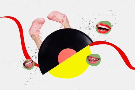 Composite photo collage of anonym girl legs wear sneakers retro vinyl disk celebration mouth tongue smile isolated on painted backgroundの写真素材