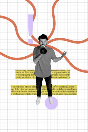 Vertical poster collage young man loudspeaker announce information bullhorn text literature book page novel story drawing backgroundの写真素材