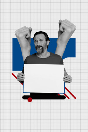 Vertical photo collage of puzzled man activist hold paper poster strike crowd hands fists support riot isolated on painted backgroundの写真素材