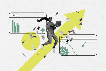 Trend artwork banner sketch 3D photo collage of success target business analyzing trader arrow point young lady fly money banknote laptopの写真素材