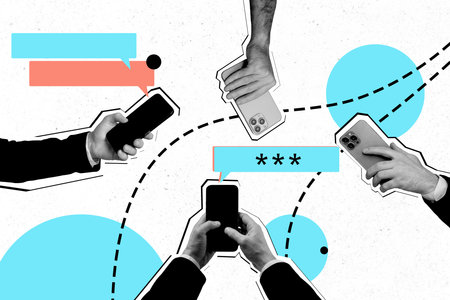 Composite photo collage of hands hold phone device bubble correspondence gadget speech text box message isolated on painted backgroundの写真素材