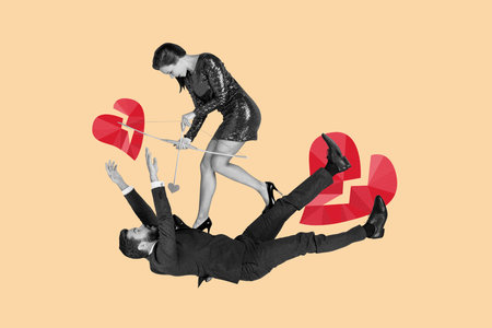 Composite photo collage of two lovers girl guy cupid arrow bow valentine crack heart breakup crisis problem isolated on painted backgroundの写真素材