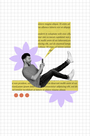 Vertical collage image young man smartphone digital device textbox message communication sms phrase book literature novel story pageの写真素材