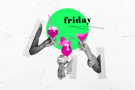 Banner picture collage of happy people celebrating birthday cheers clink wineglass isolated on drawing backgroundの写真素材