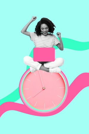Vertical photo collage of happy american girl freelancer type laptop alarm deadline regime expire...