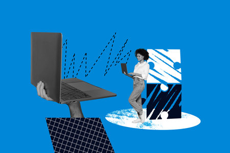 Creative collage picture young woman laptop worker remote job freelancer web browsing hand hold sleeve drawing backgroundの写真素材