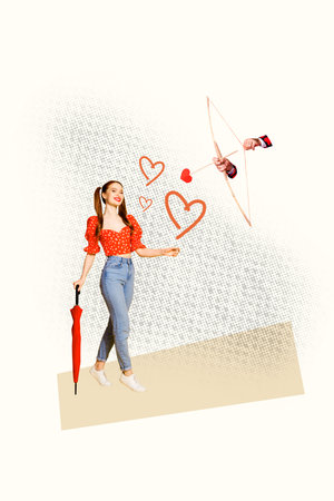 Vertical photo collage of happy girl walk umbrella cupid hands hold bow arrow heart romance feelings...