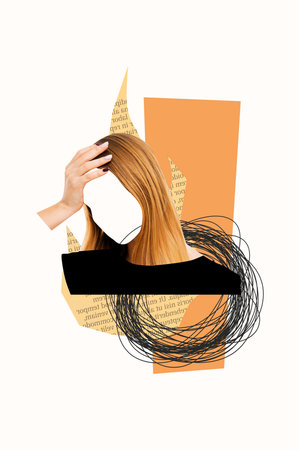 Vertical photo collage of faceless girl hold head depressed mood health problem isolated on painted backgroundの写真素材