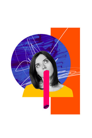 Composite sketch design artwork 3D photo collage of abstract caricature young lady portrait head mouth talk speech creative eye watchの写真素材