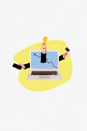 Trend artwork template design 3D collage sketch of laptop display remote incognito multitasking hand hold credit card idea lamp traderの写真素材