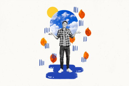 Picture 3d collage photography of cheerful nice man shrugging shoulders dont know weather forecast isolated on drawing backgroundの写真素材