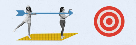 Poster sketch image artwork 3D photo collage of colleagues two young lady stand hold arow target goal business target analyzing successの写真素材