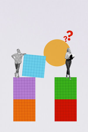 Vertical photo collage of two happy business partners girl old man question mark dilemma idea finding plan isolated on painted backgroundの写真素材