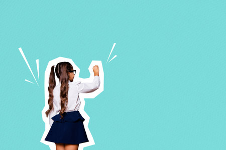 Composite trend artwork sketch image collage of vibrant color silhouette school age student little girl stand back hand gesture writeの写真素材
